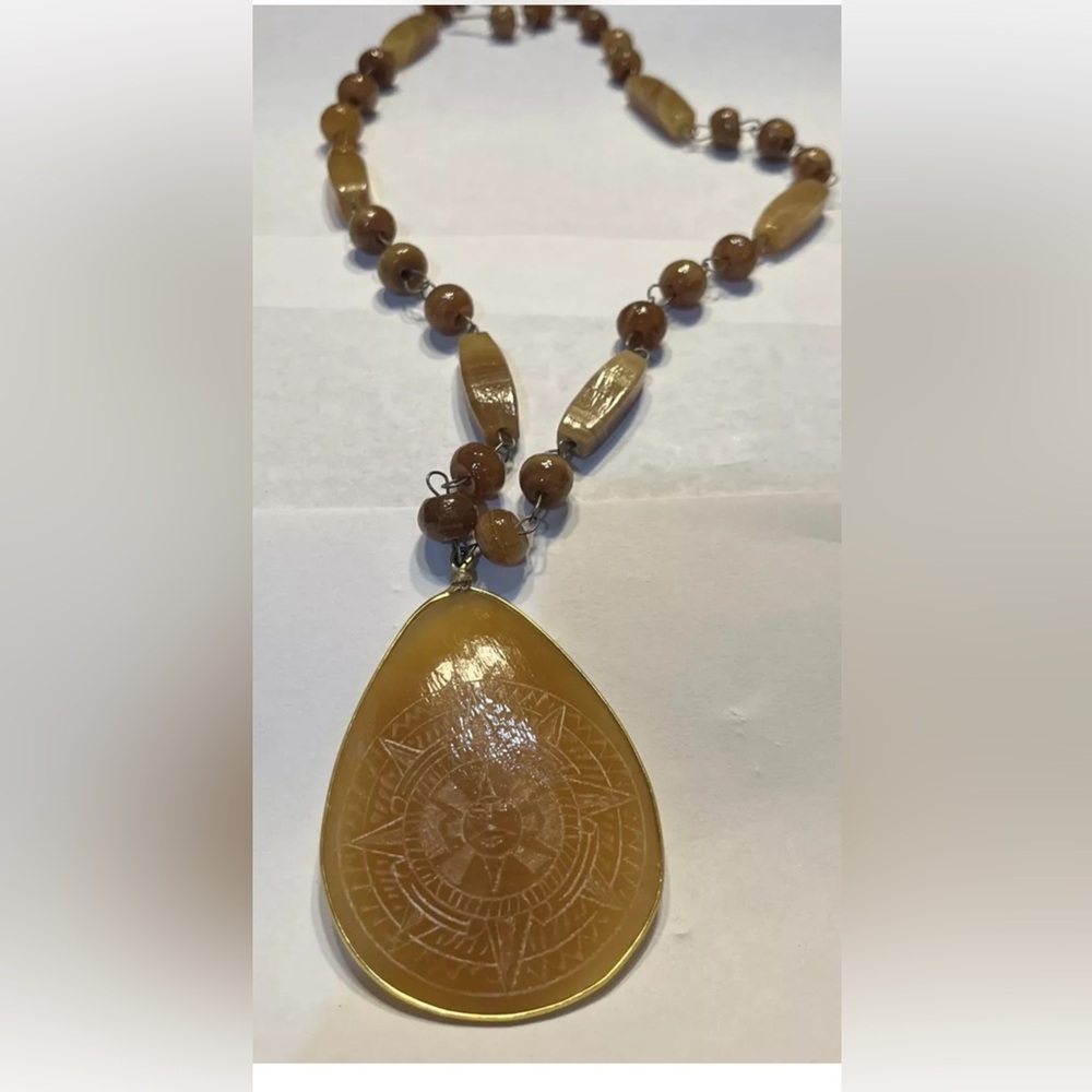 Vintage Aztec Sun Pendent Necklace/ Hand Carved Agate